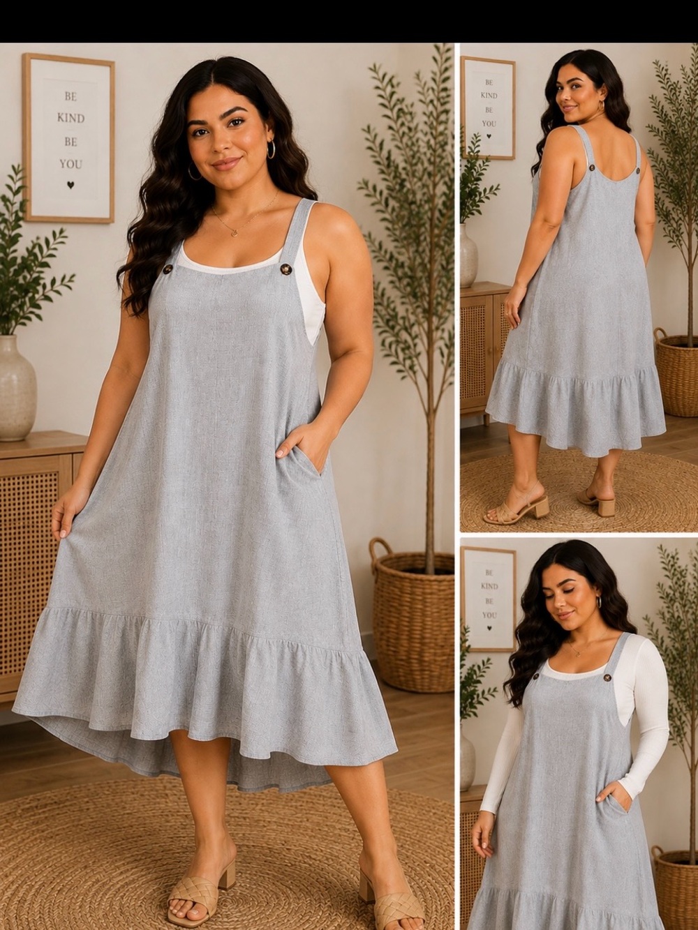easel Light Gray Linen-Feel Ruffle-Hem Pinafore Dress. NO pockets